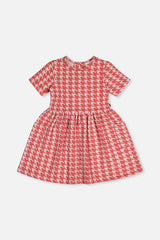 Short Sleeve Dress With Pockets Pink And White Houndstooth