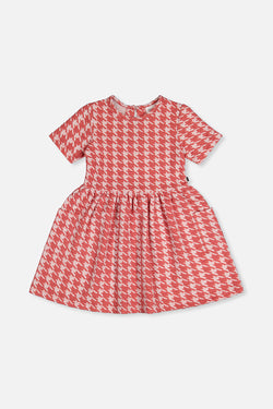 Robe à manches courtes avec poches en pied-de-poule rose et blanc