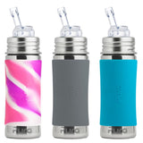 Pura Kiki 325ml Straw Bottles (Pack of 3) in a mixed pack with Pink Swirl, Slate Grey and Aqua