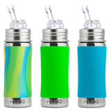 Pura Kiki 325ml Straw Bottles (Pack of 3) in a mixed pack with Green Swirl, Green and Aqua